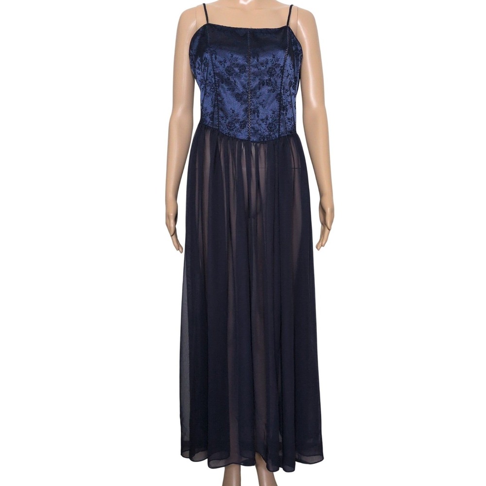 Vtg Victoria's Secret Navy Blue Floral Jacquard Corset Lace Up Maxi Nightgown M